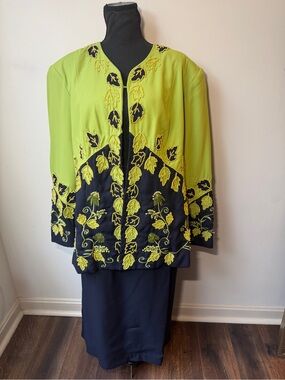 Katherine Bishop 2 Pc Skirt Suit W18 Lime Green Black Beaded Embroidered Formal